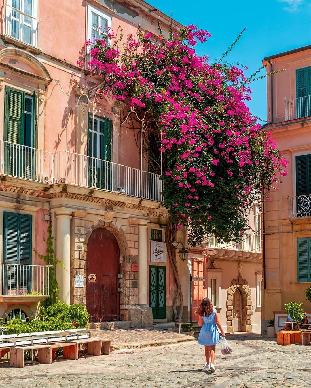 Centro storico di Tropea con bouganville in fiore